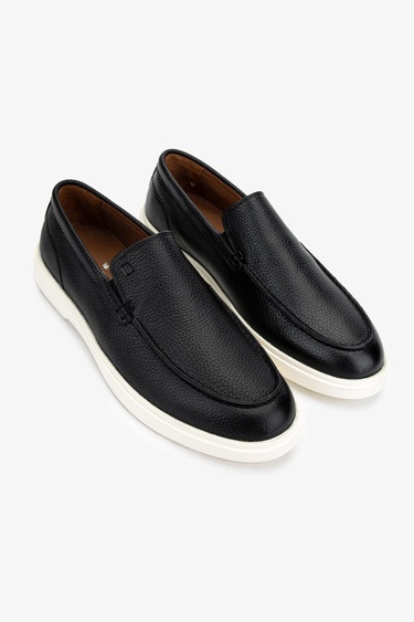  Valmenti Erkek Hakiki Deri Siyah Floter Loafer Ayakkabı