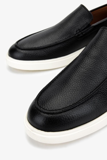  Valmenti Erkek Hakiki Deri Siyah Floter Loafer Ayakkabı