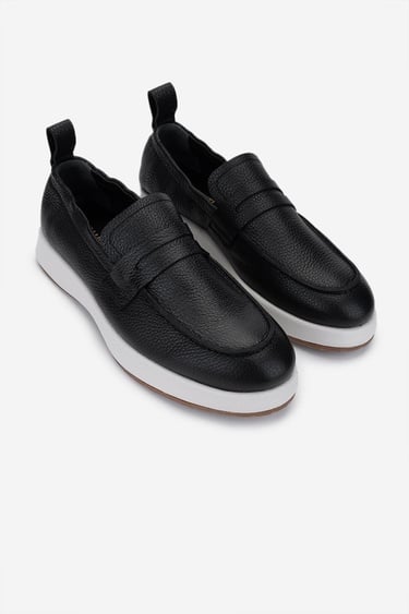  Valmenti Erkek Hakiki Deri Siyah Floter Loafer Ayakkabı