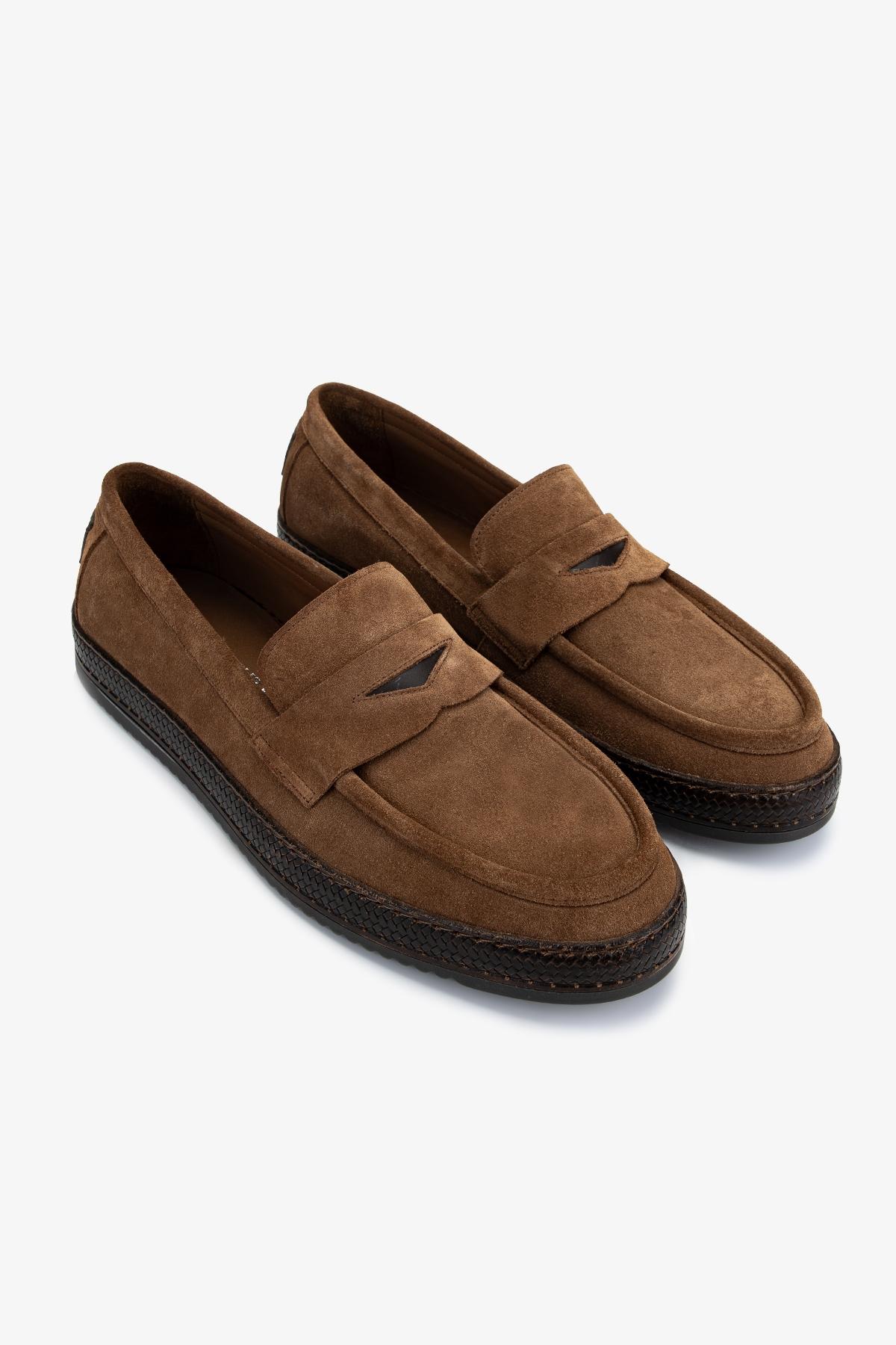 Valmenti Erkek Hakiki Deri Tütün Süet Loafer Ayakkabı