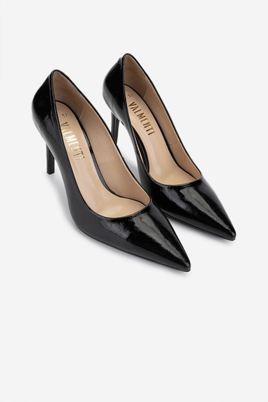  Valmenti Kadın Hakiki Deri Siyah Rugan Topuklu Ayakkabı