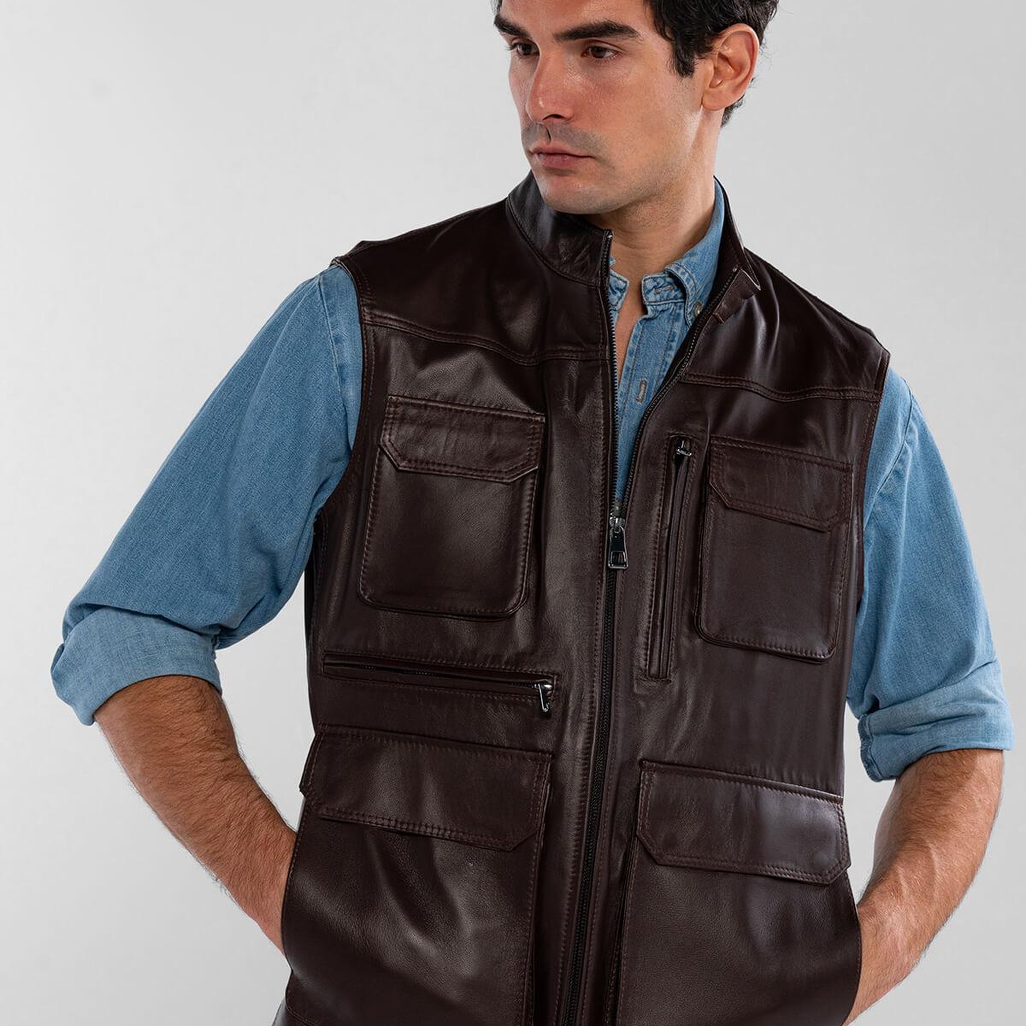 Tamer Tanca Erkek Hakiki Deri Kahverengi Yelek Deri Mont