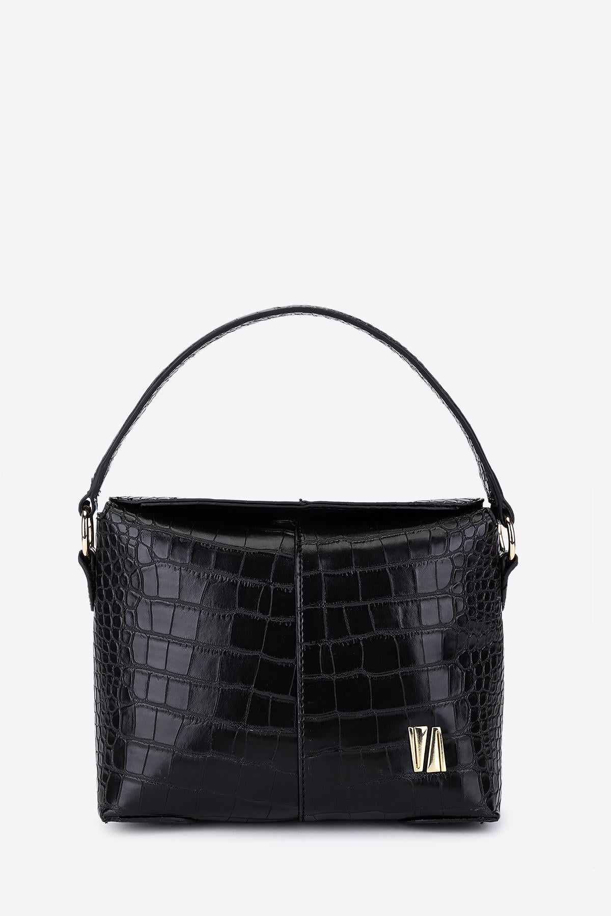 Valmenti Kadın Suni Deri Siyah Kroko Omuz Çanta