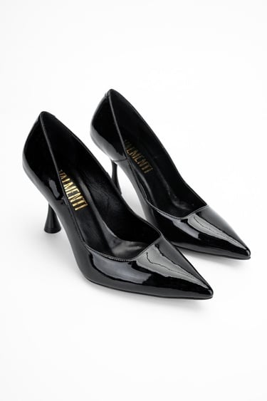  Valmenti Anya Kadın Siyah Rugan Hakiki Deri Topuklu Ayakkabı