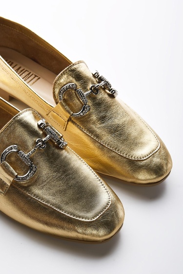  Valmenti Ester Kadın Altın Metalik Hakiki Deri Loafer Ayakkabı