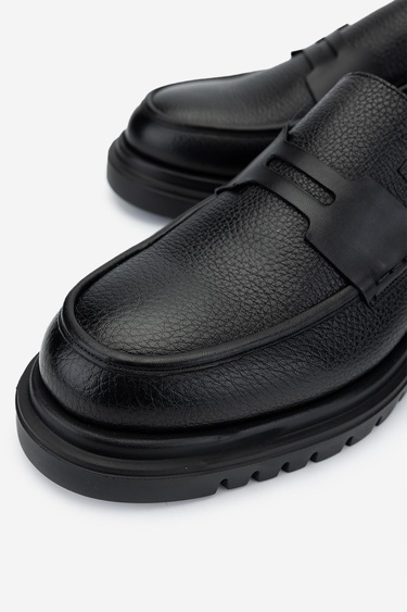  Valmenti Erkek Hakiki Deri Siyah Floter Loafer Ayakkabı