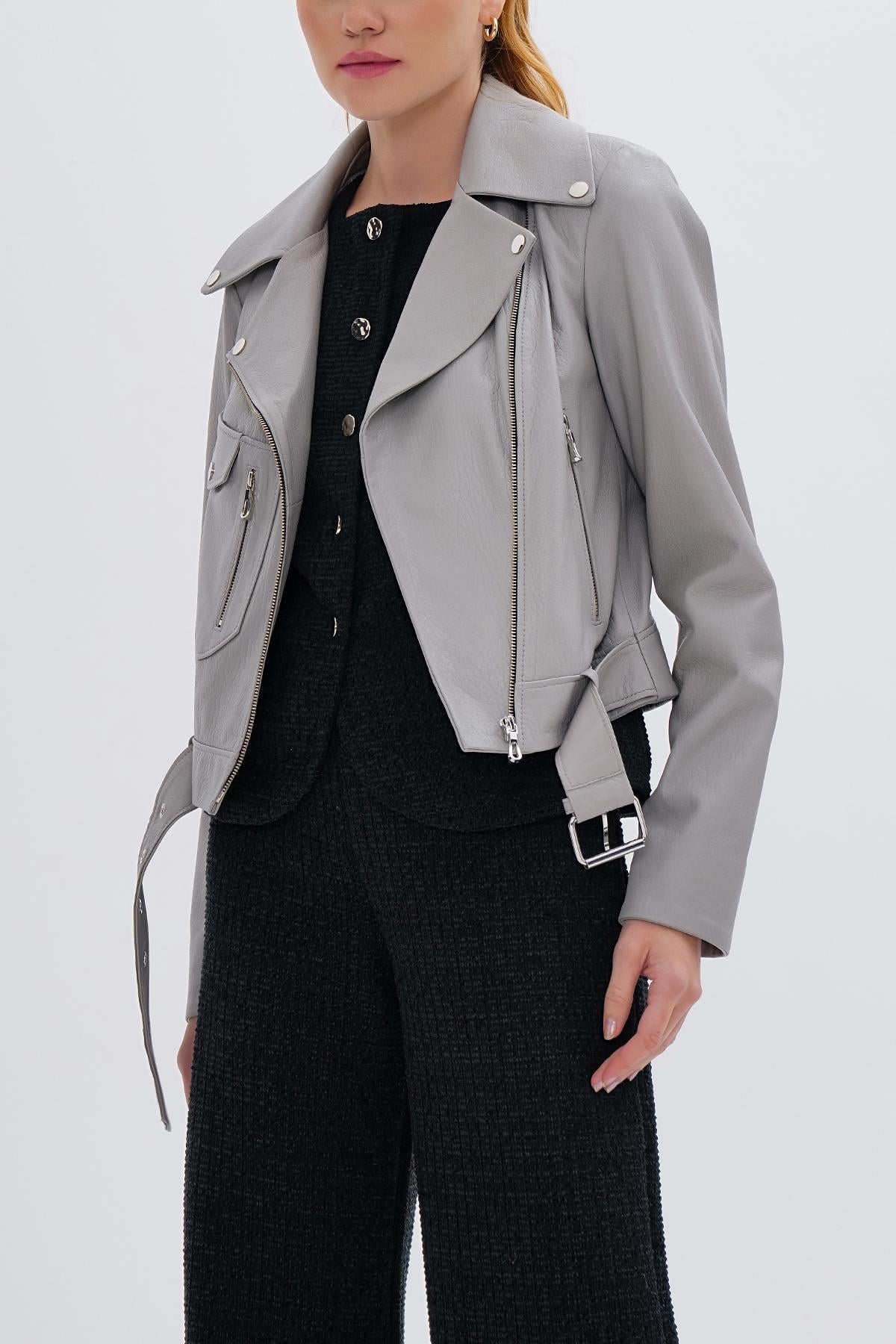  Valmenti Kadın Hakiki Deri Gri Mont