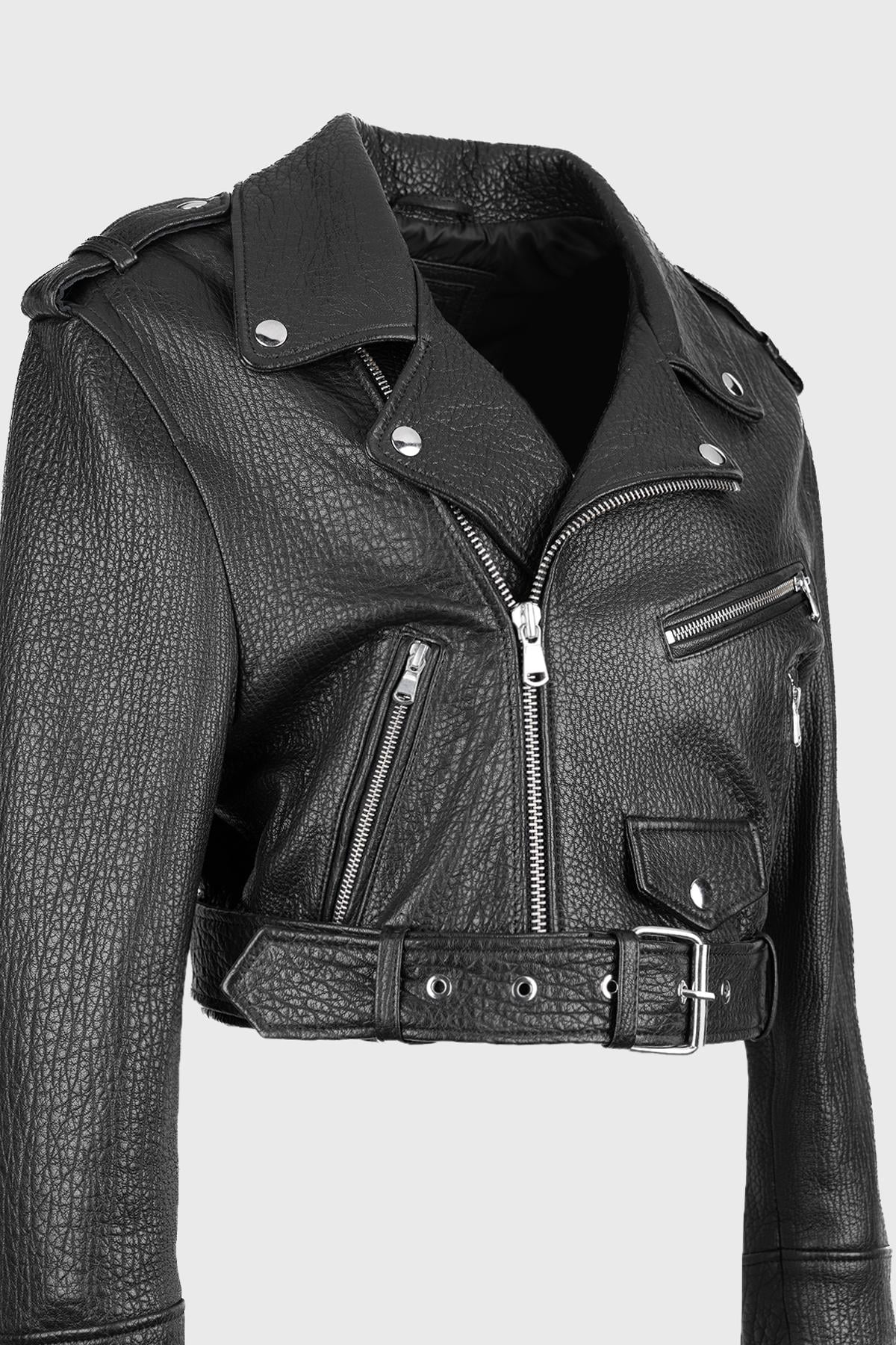  Valmenti Kadın Siyah Hakiki Deri Deri Mont