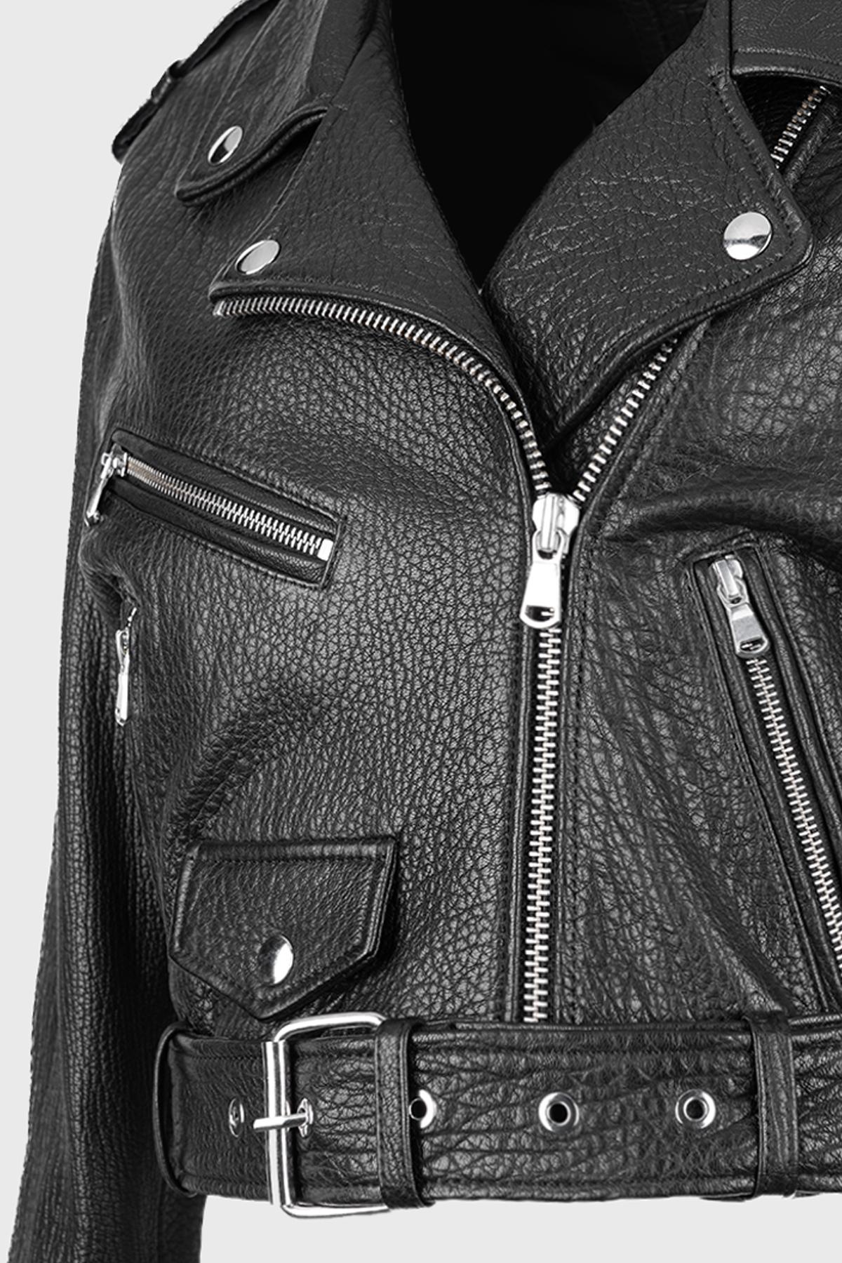  Valmenti Kadın Siyah Hakiki Deri Deri Mont