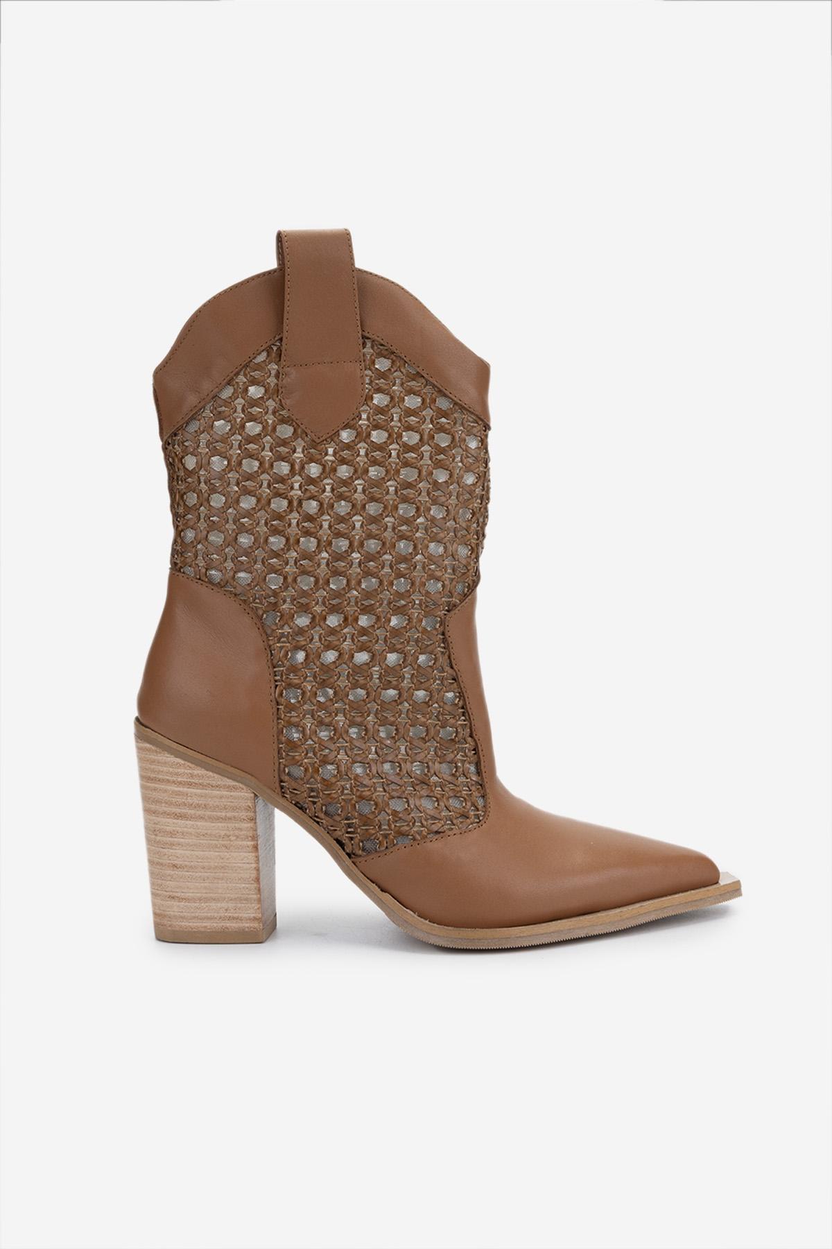  Valmenti Kadın Deri & Tekstil Taba Deri Topuklu Çizme