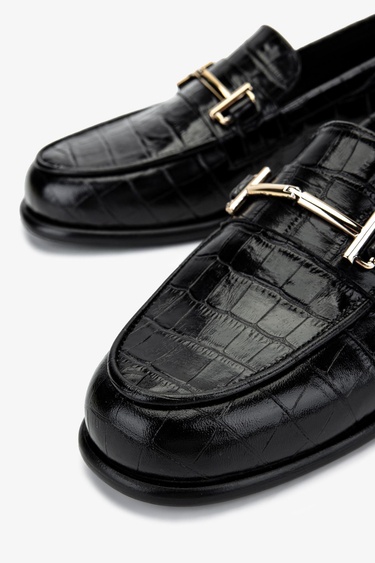  Valmenti Kadın Hakiki Deri Siyah Kroko Loafer Ayakkabı