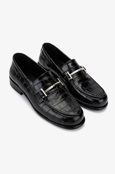  Valmenti Kadın Hakiki Deri Siyah Kroko Loafer Ayakkabı