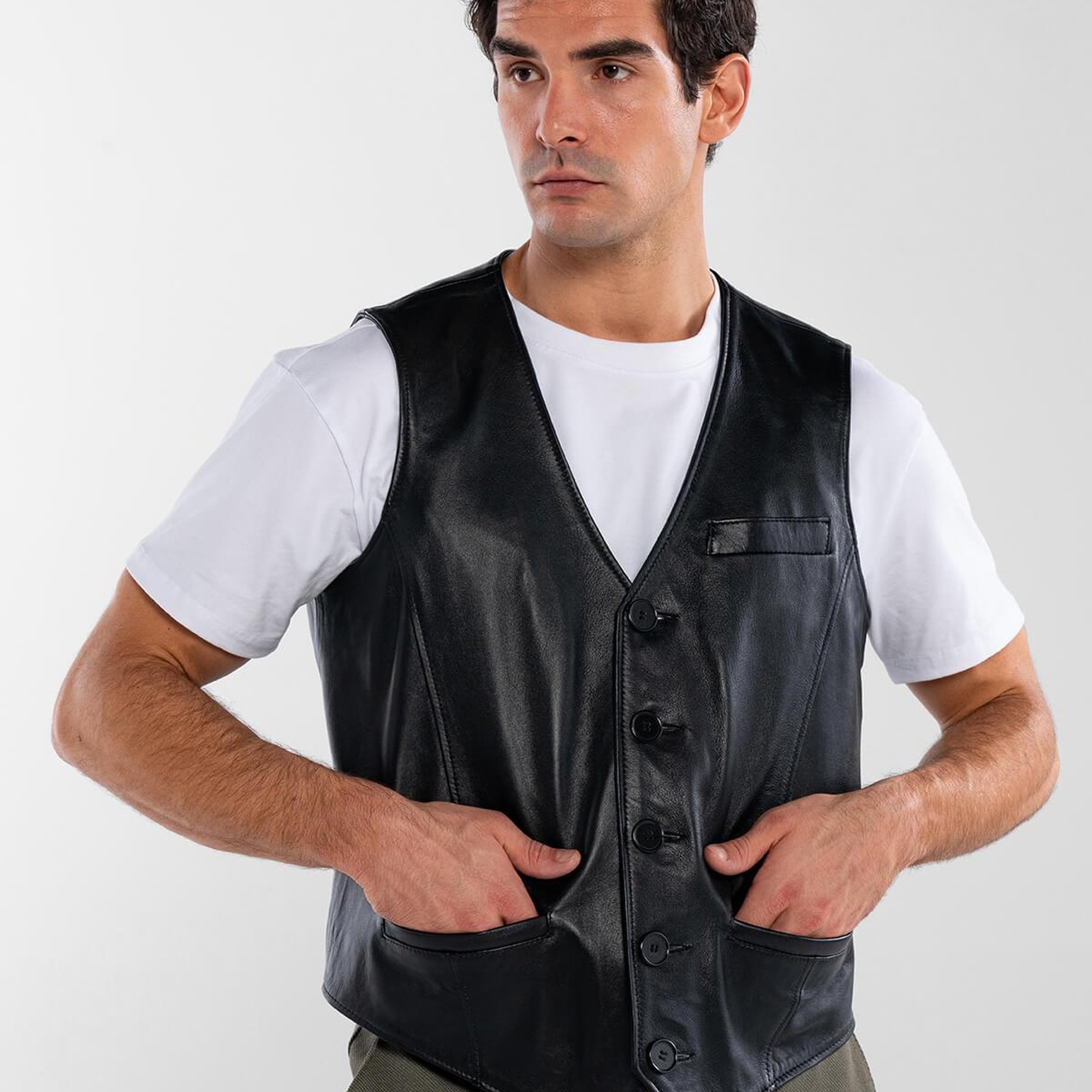 Tamer Tanca Erkek Hakiki Deri Siyah Yelek Deri Mont