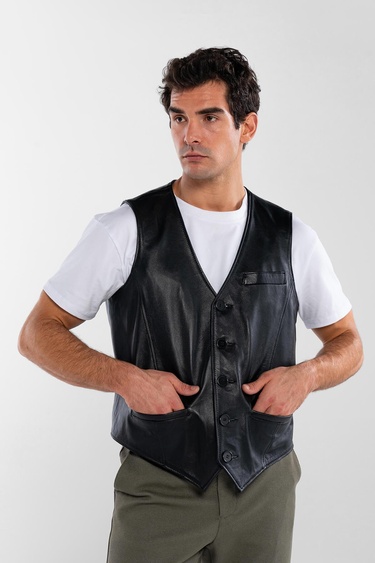  Tamer Tanca Erkek Hakiki Deri Siyah Yelek Deri Mont