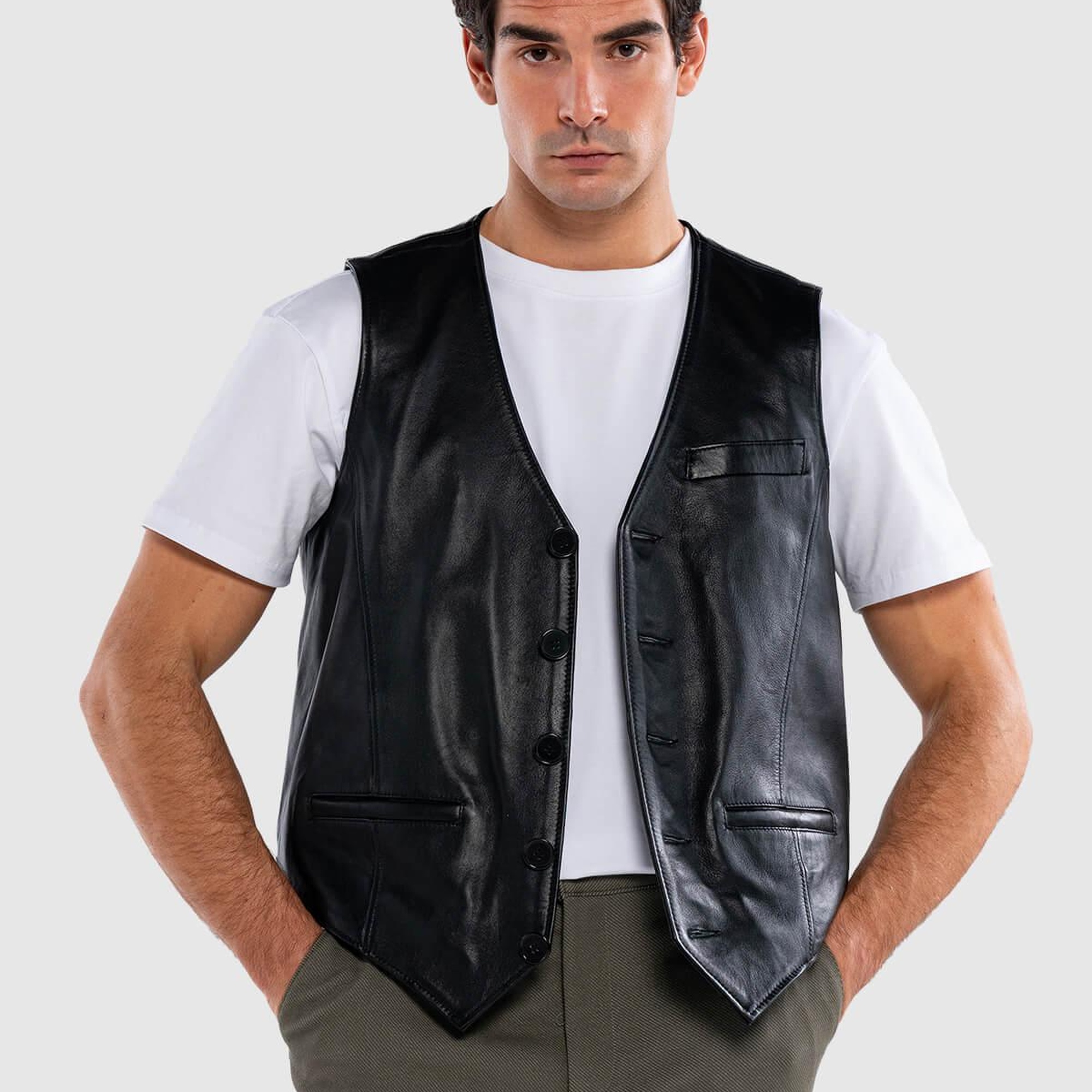 Tamer Tanca Erkek Hakiki Deri Siyah Yelek Deri Mont