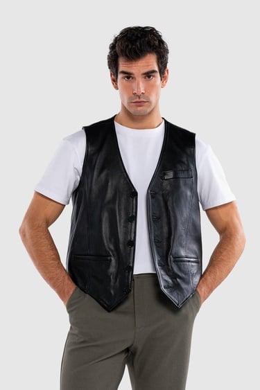  Tamer Tanca Erkek Hakiki Deri Siyah Yelek Deri Mont