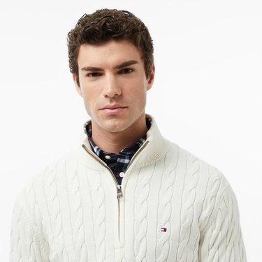  Tommy Hilfiger Classic Cotton Cable Zip Mock Erkek Yarım Fermuarlı Triko Beyaz Kazak