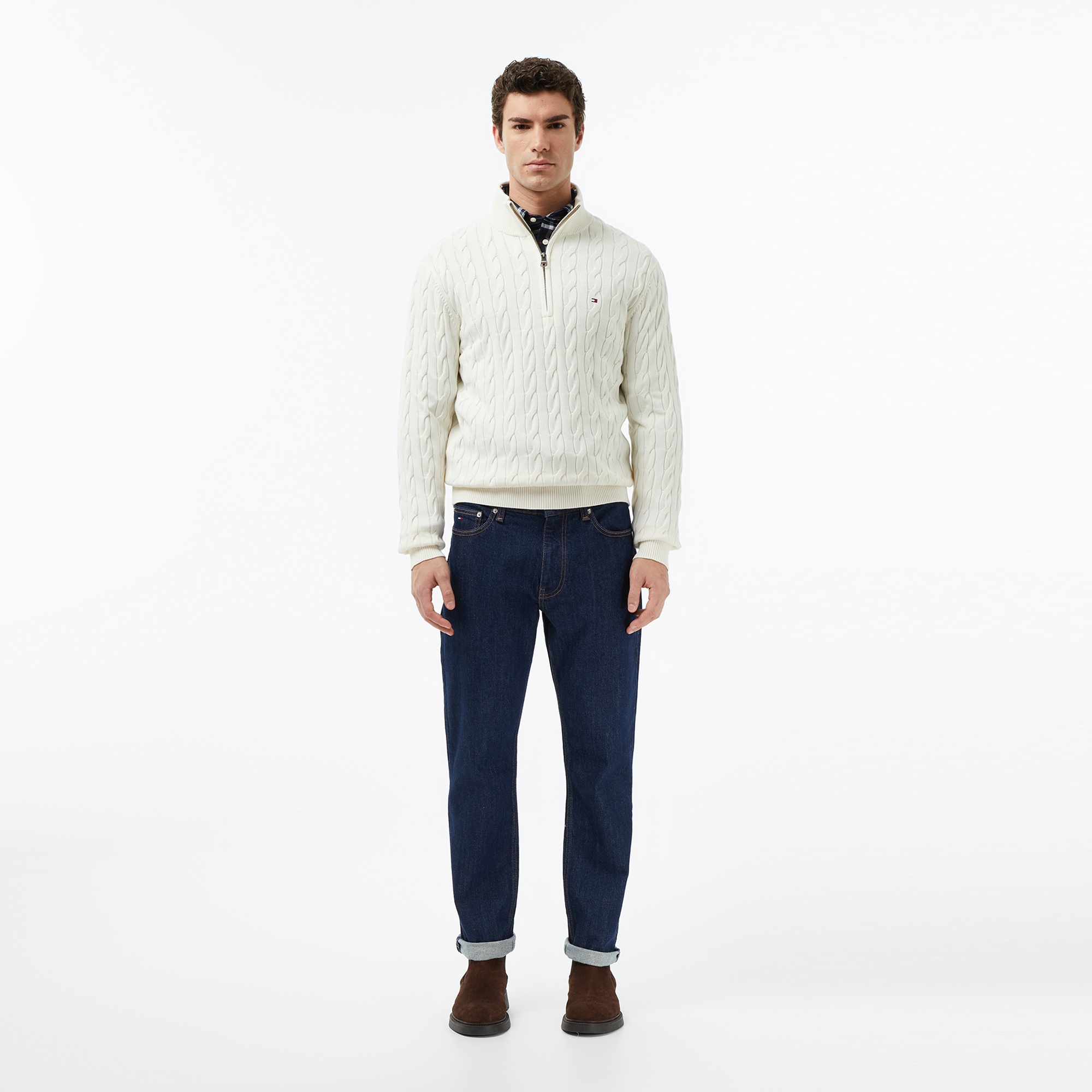 Tommy Hilfiger Classic Cotton Cable Zip Mock Erkek Yarım Fermuarlı Triko Beyaz Kazak