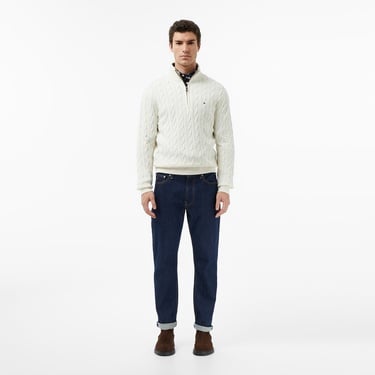 Tommy Hilfiger Classic Cotton Cable Zip Mock Erkek Yarım Fermuarlı Triko Beyaz Kazak
