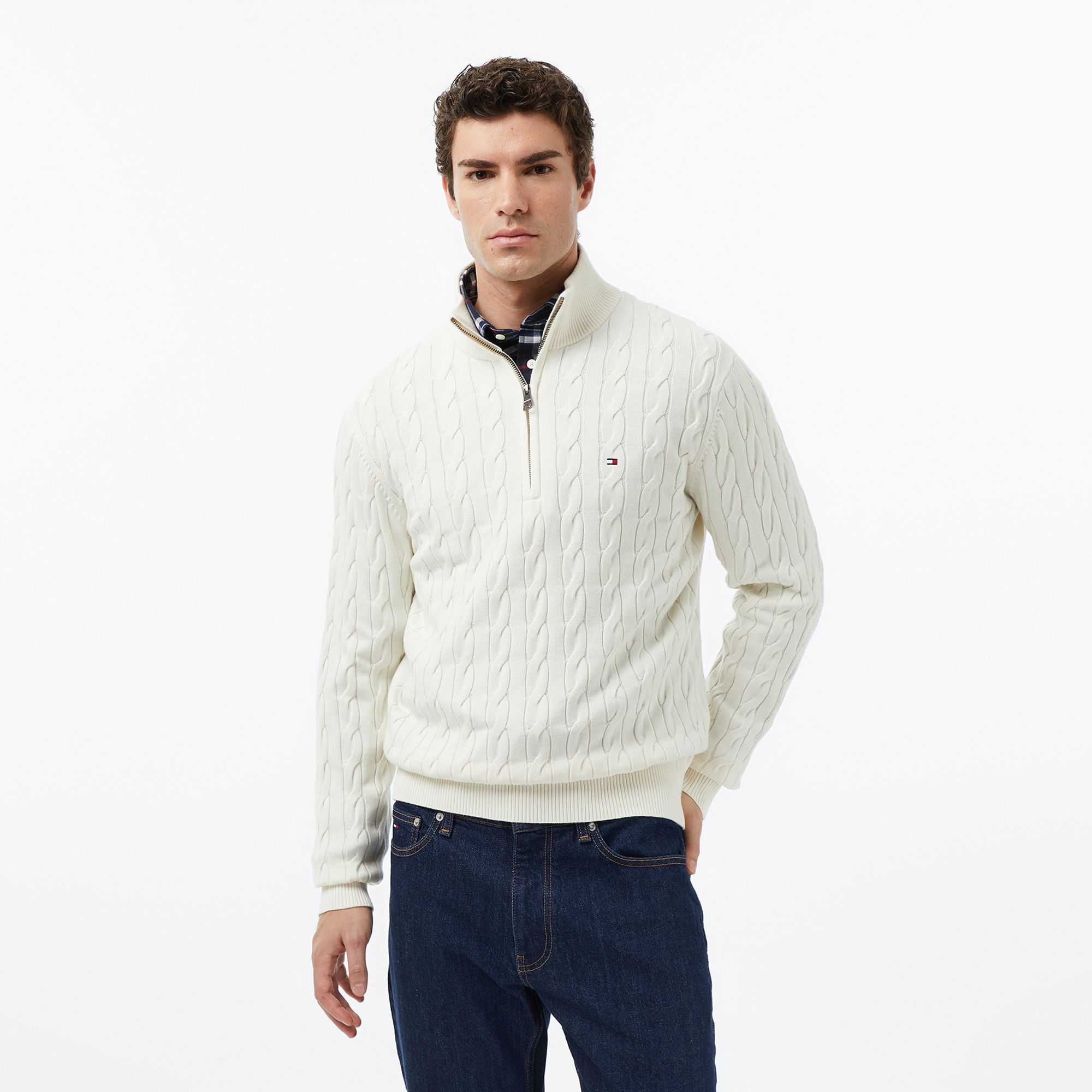Tommy Hilfiger Classic Cotton Cable Zip Mock Erkek Yarım Fermuarlı Triko Beyaz Kazak