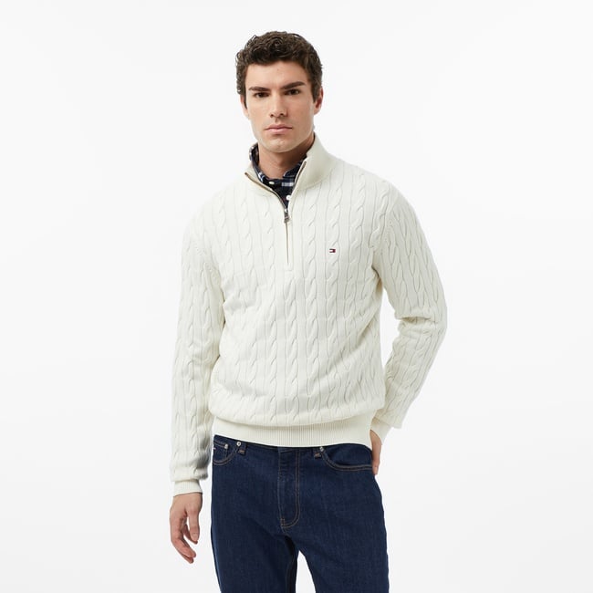  Tommy Hilfiger Classic Cotton Cable Zip Mock Erkek Yarım Fermuarlı Triko Beyaz Kazak