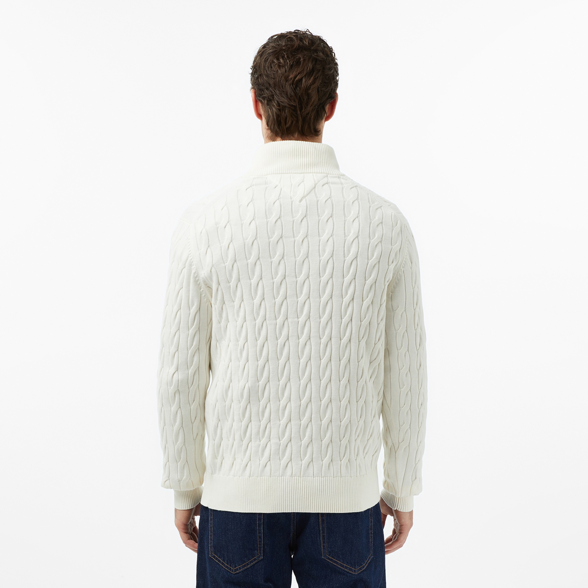 Tommy Hilfiger Classic Cotton Cable Zip Mock Erkek Yarım Fermuarlı Triko Beyaz Kazak