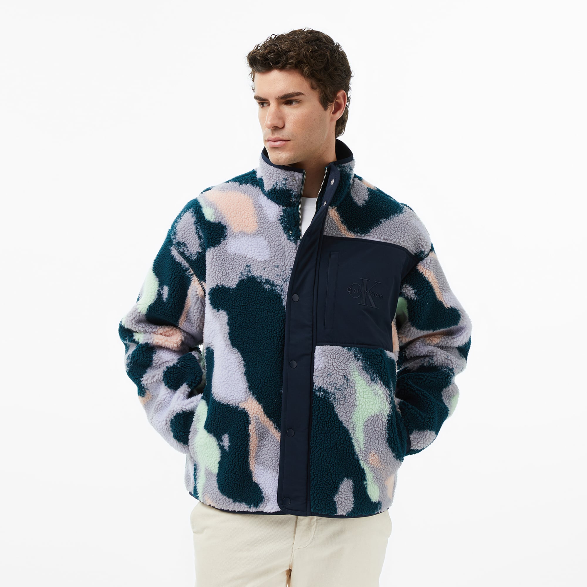  Calvin Klein Jacquard 5 Sherpa  Erkek Mavi Sweatshirt