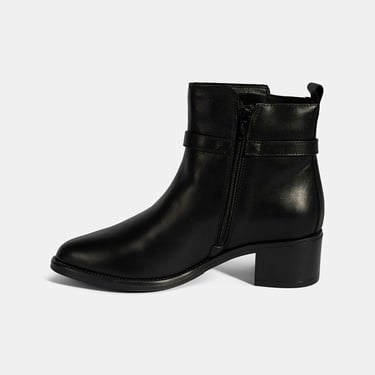  Kadın Siyah Ayarlanabilir Metal Tokalı Topuklu Deri Bot