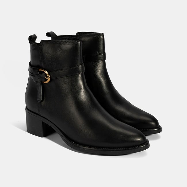  Kadın Siyah Ayarlanabilir Metal Tokalı Topuklu Deri Bot