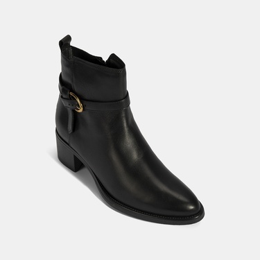  Kadın Siyah Ayarlanabilir Metal Tokalı Topuklu Deri Bot