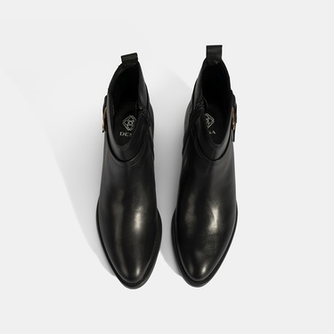  Kadın Siyah Ayarlanabilir Metal Tokalı Topuklu Deri Bot