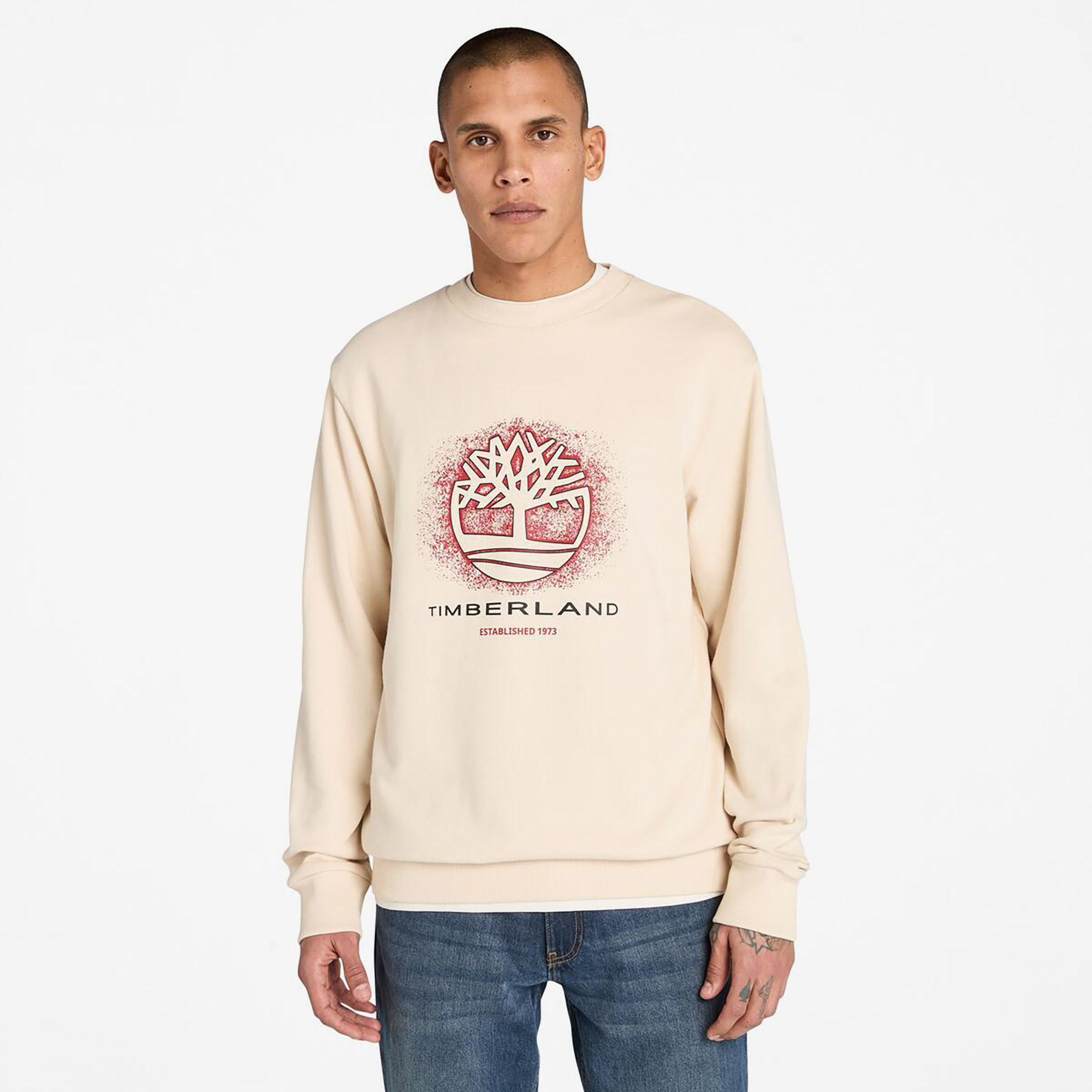  Timberland Front Seasonal Tree Logo Graphic Crewneck Erkek Bej Sweatshirt