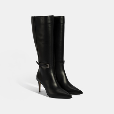  Kadın Siyah Sivri Burunlu İnce Topuklu Deri Çizme