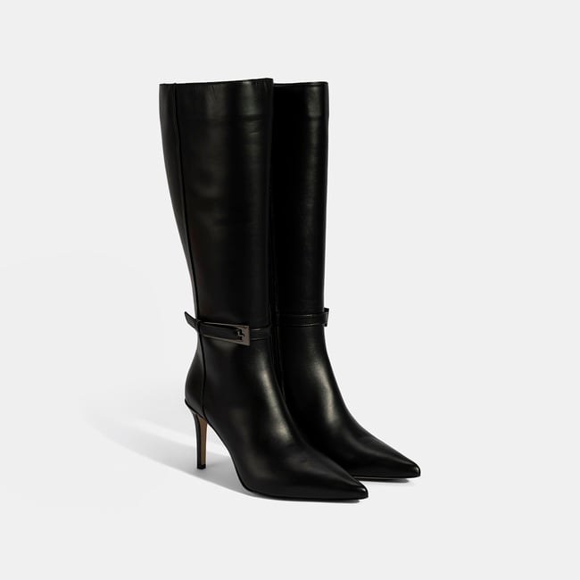  Kadın Siyah Sivri Burunlu İnce Topuklu Deri Çizme