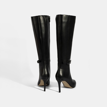  Kadın Siyah Sivri Burunlu İnce Topuklu Deri Çizme