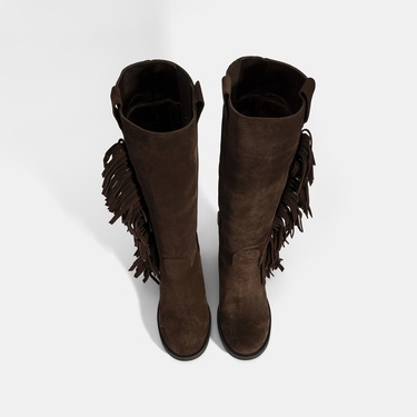  Kadın Kahve Püskül Detaylı Kalın Topuklu Süet Çizme