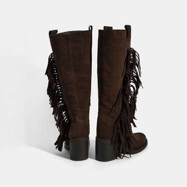  Kadın Kahve Püskül Detaylı Kalın Topuklu Süet Çizme