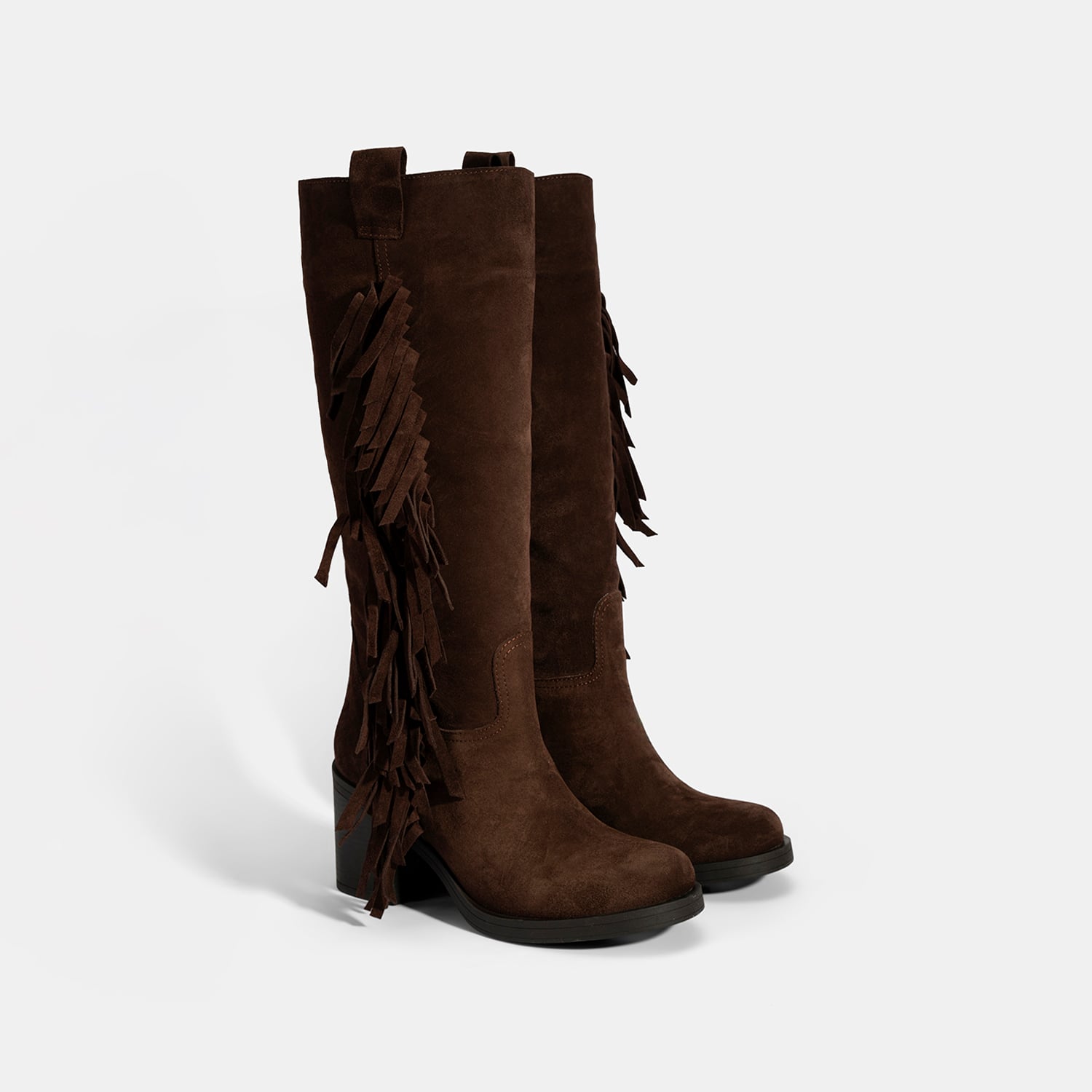  Kadın Kahve Püskül Detaylı Kalın Topuklu Süet Çizme