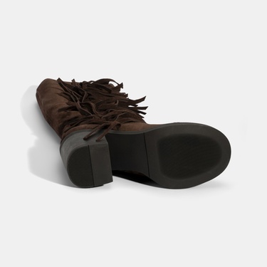  Kadın Kahve Püskül Detaylı Kalın Topuklu Süet Çizme