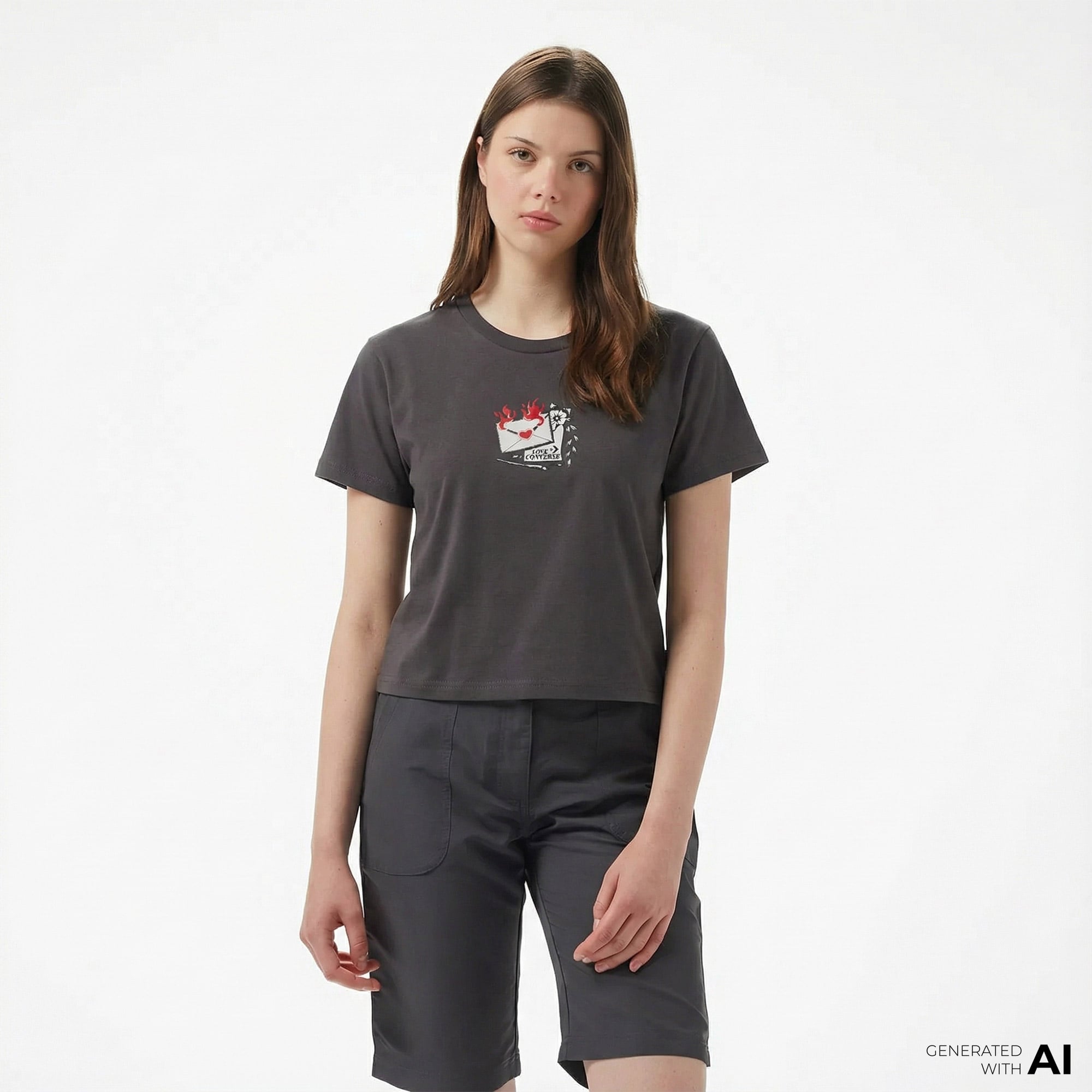  Converse Kadın Slim Fit Baskılı Gri T-Shirt