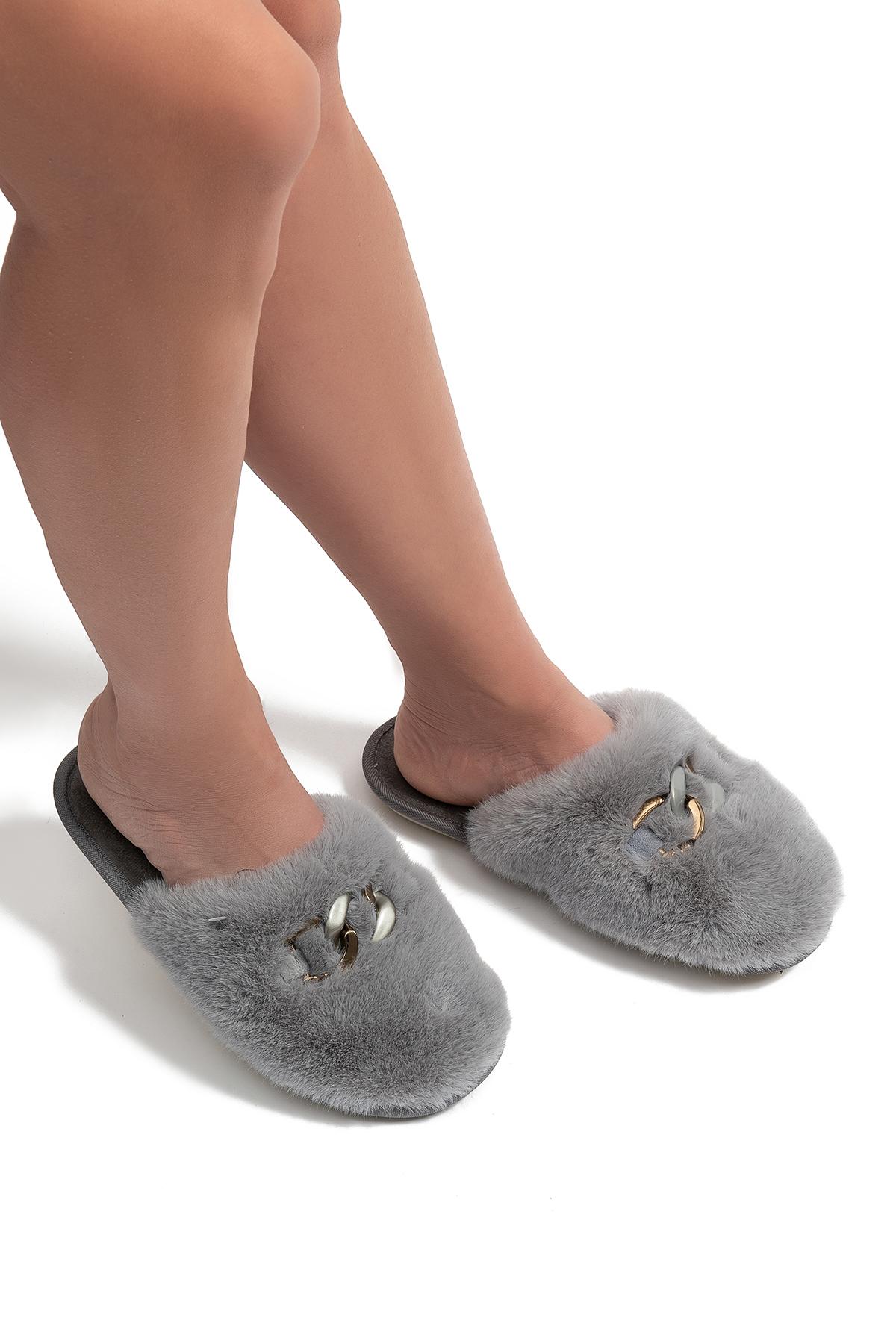  Perla Peluş Kadın Ev Terliği Gri 37/41