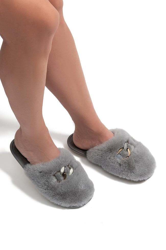  Perla Peluş Kadın Ev Terliği Gri 37/41