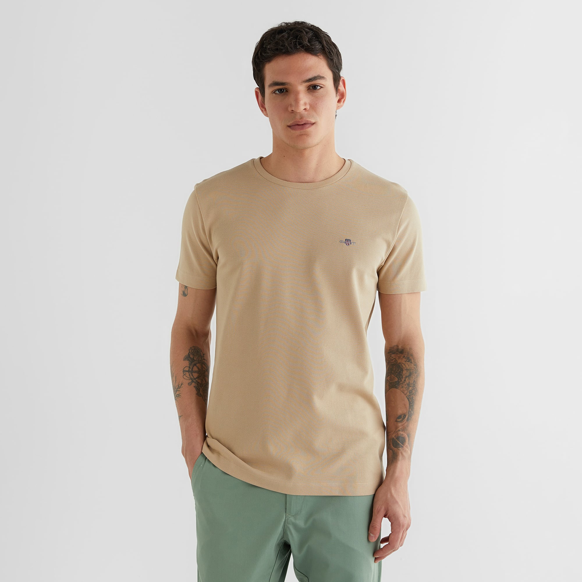  GANT Erkek Bej Slim Fit Bisiklet Yaka T-Shirt