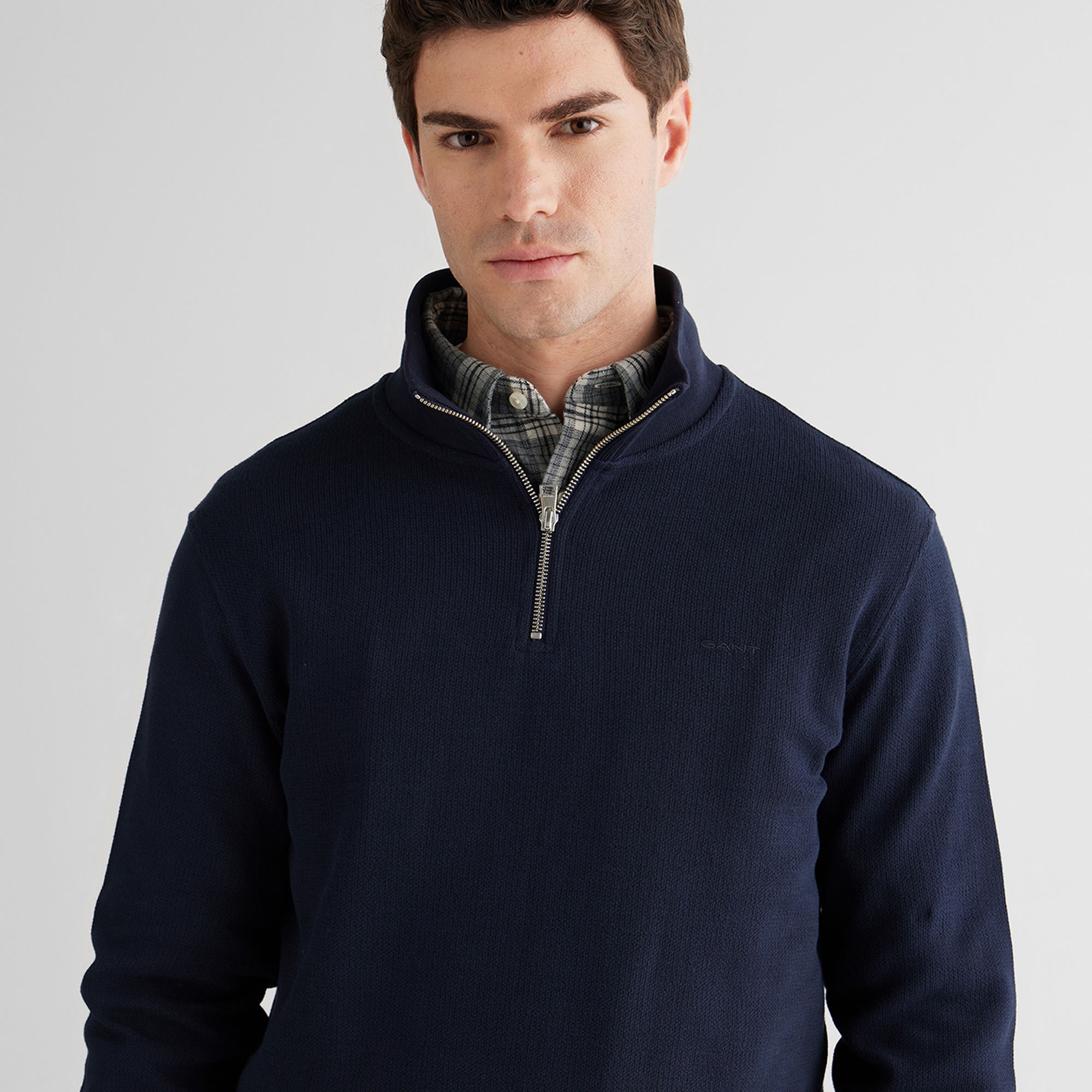 GANT Erkek Lacivert Yarım Fermuarlı Herringbone Kazak