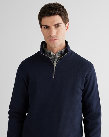  GANT Erkek Lacivert Yarım Fermuarlı Herringbone Kazak