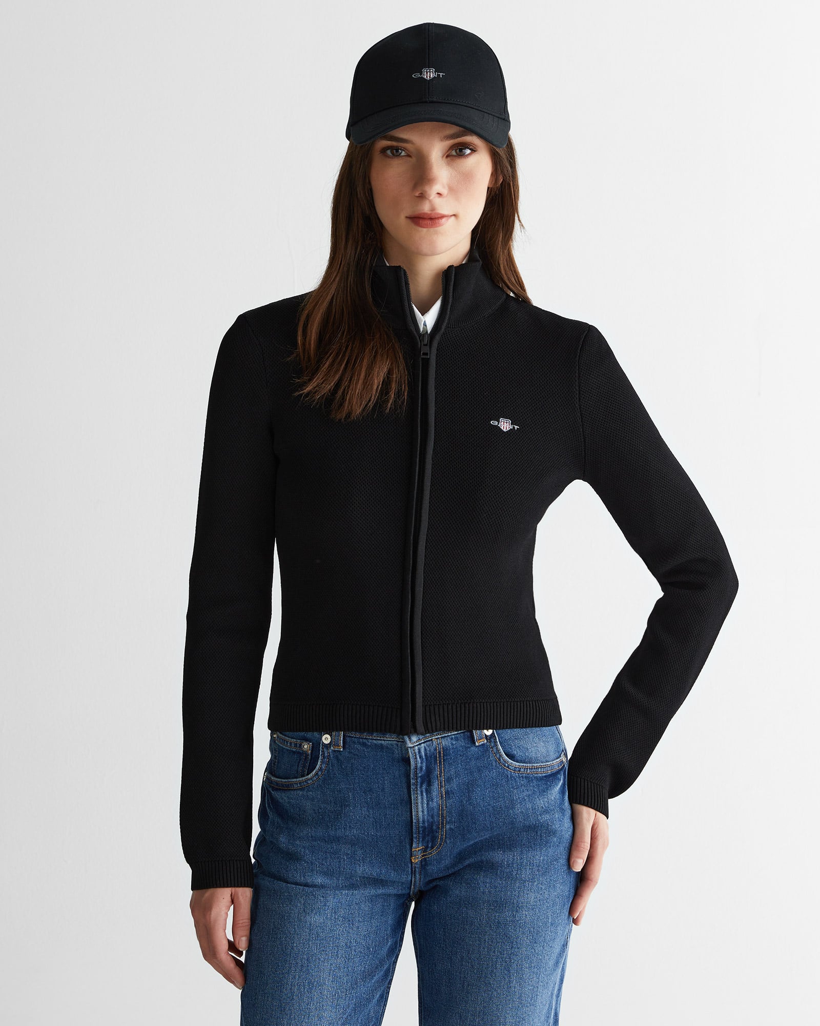  GANT Kadın Siyah Standart Fit Fermuarlı Triko