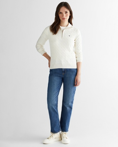  GANT Kadın Beyaz Regular Fit Yarım Fermuarlı Triko