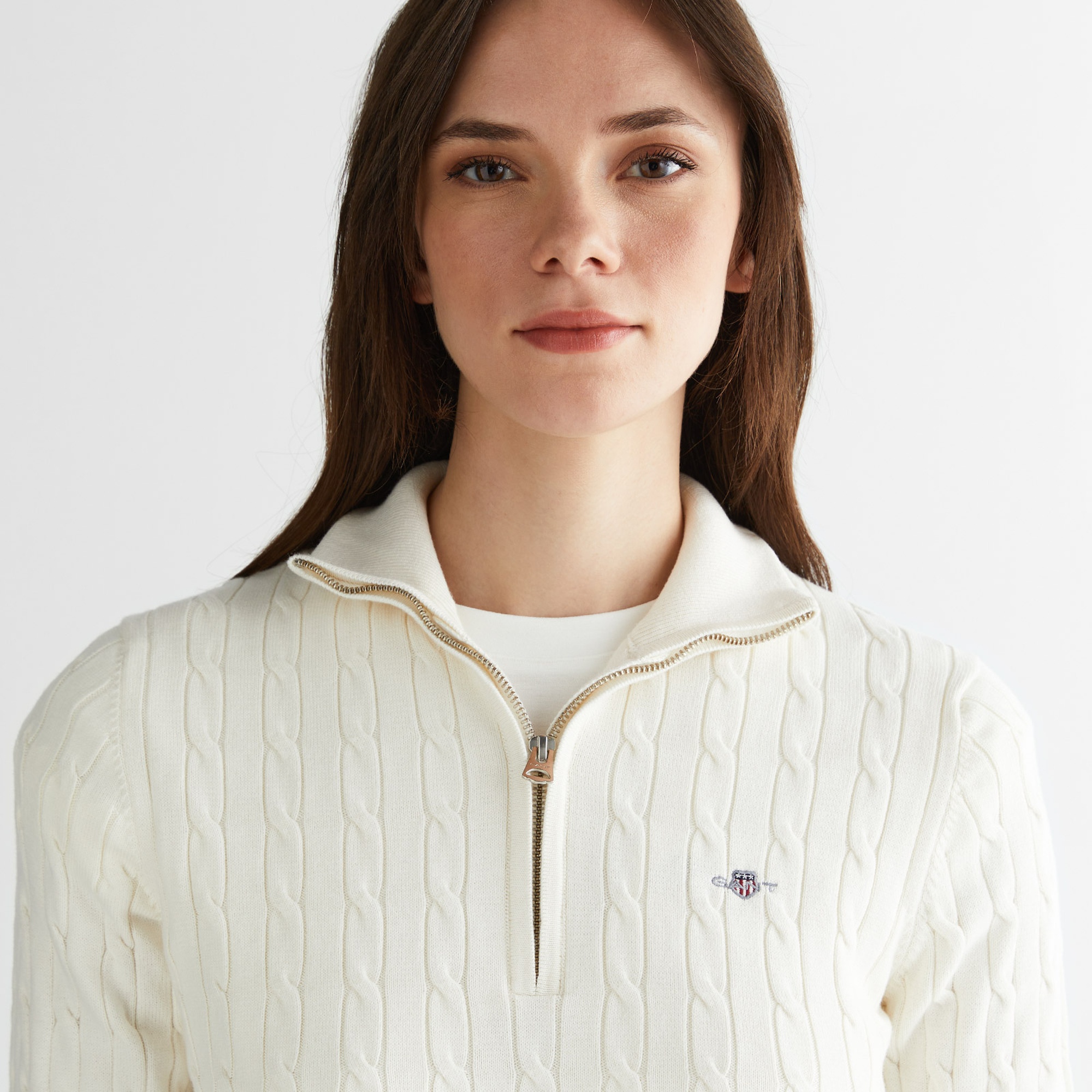 GANT Kadın Beyaz Regular Fit Yarım Fermuarlı Triko