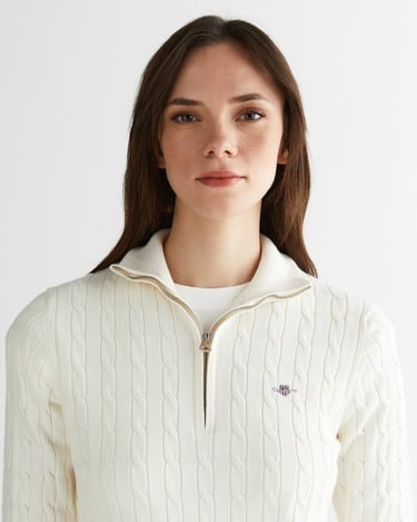  GANT Kadın Beyaz Regular Fit Yarım Fermuarlı Triko