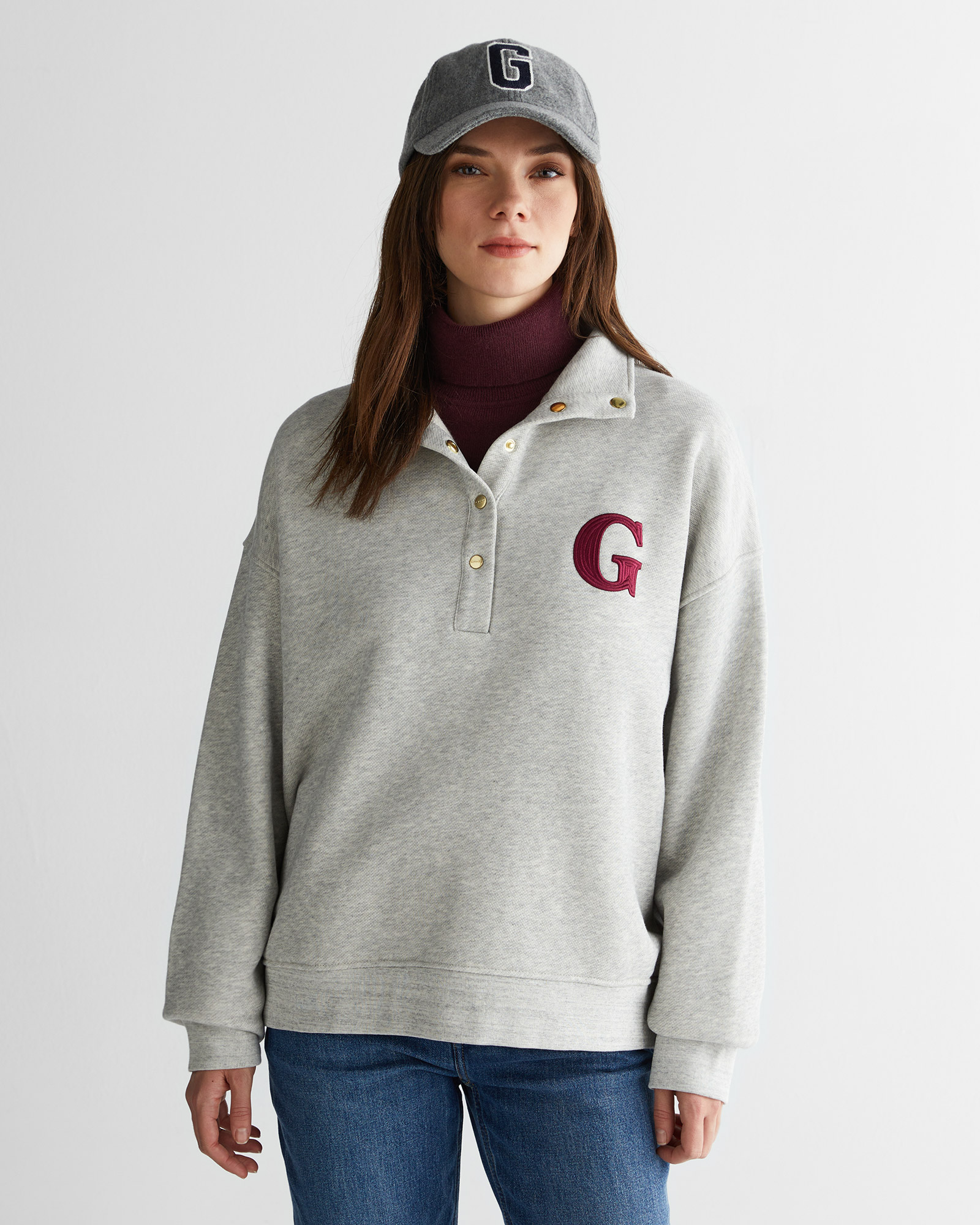  GANT Kadın Gri Relaxed Fit Düğmeli Yaka Sweatshirt